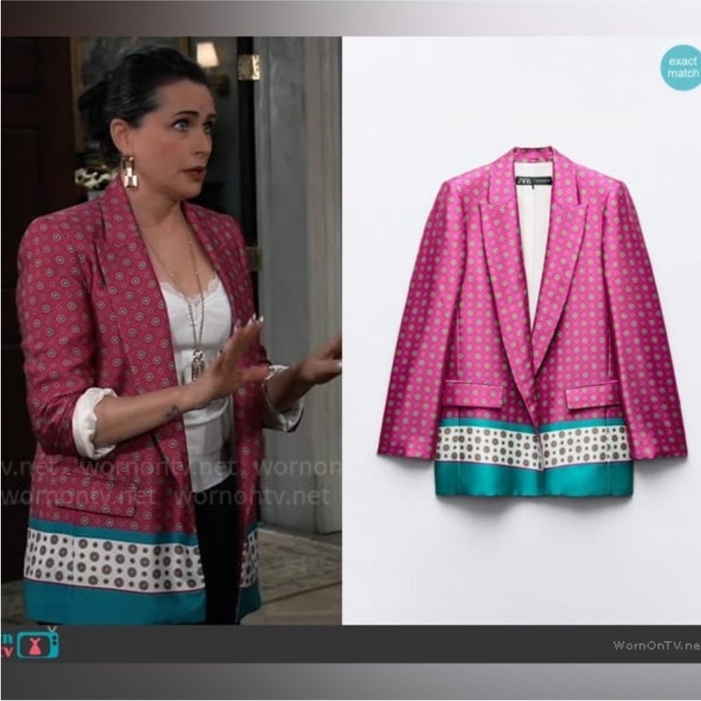 Zara Satin Effect Printed Open Front Blazer Jacket Pink Teal Blue size Small - Picture 2 of 14